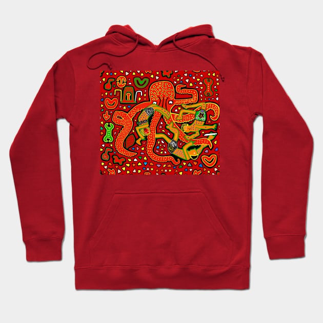 Tropical Octopus Attack - Red Hoodie by Esprit-Mystique